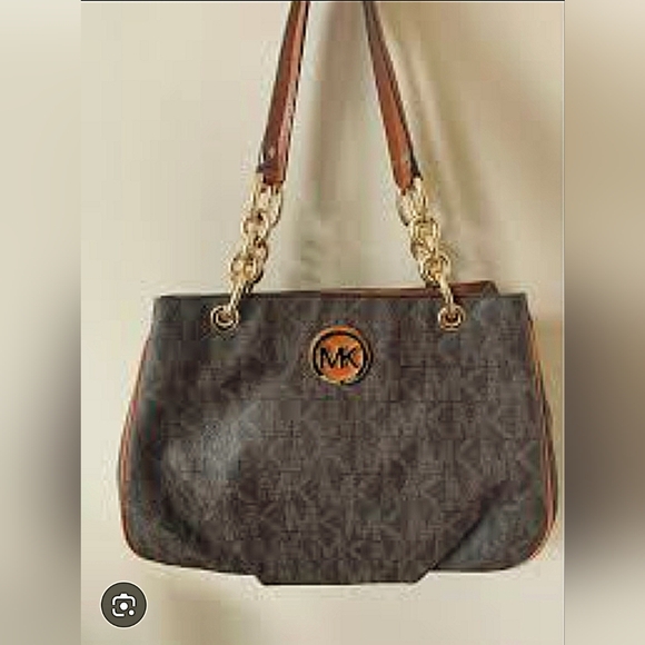 Michael Kors Handbags - Michael Kors MK Designer Brown And Gold Signature Monogram Satchel Purse Handbag